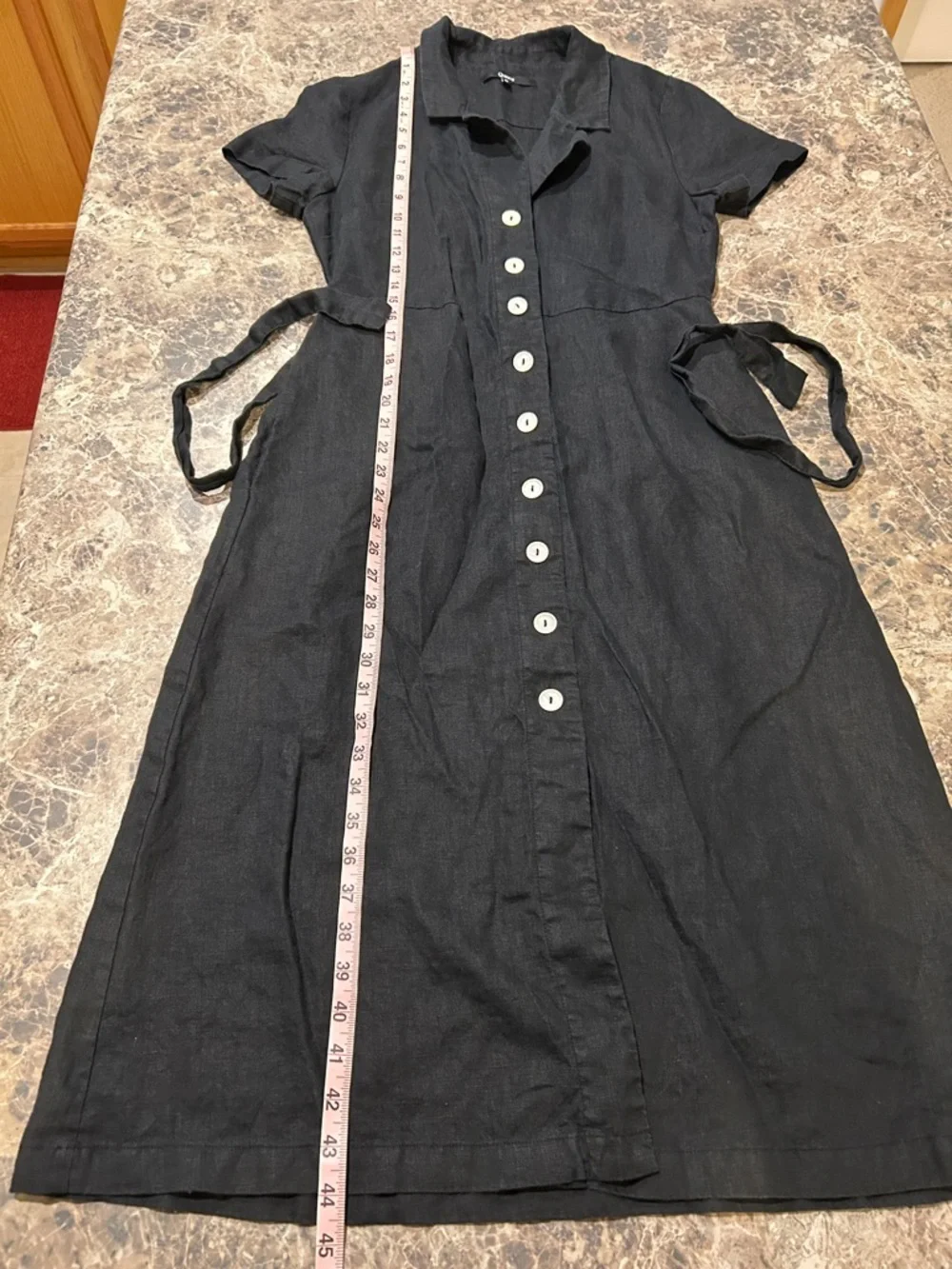 Quince 100% Linen Button Front Short Sleeve Midi Dress Black